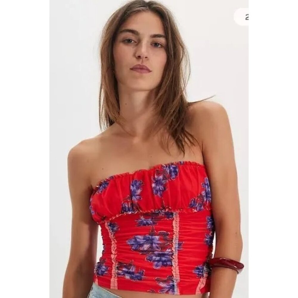 NEW FREE PEOPLE SCOTTIE PRINTED TUBE TOP IN HOT RED COMBO LARGE
